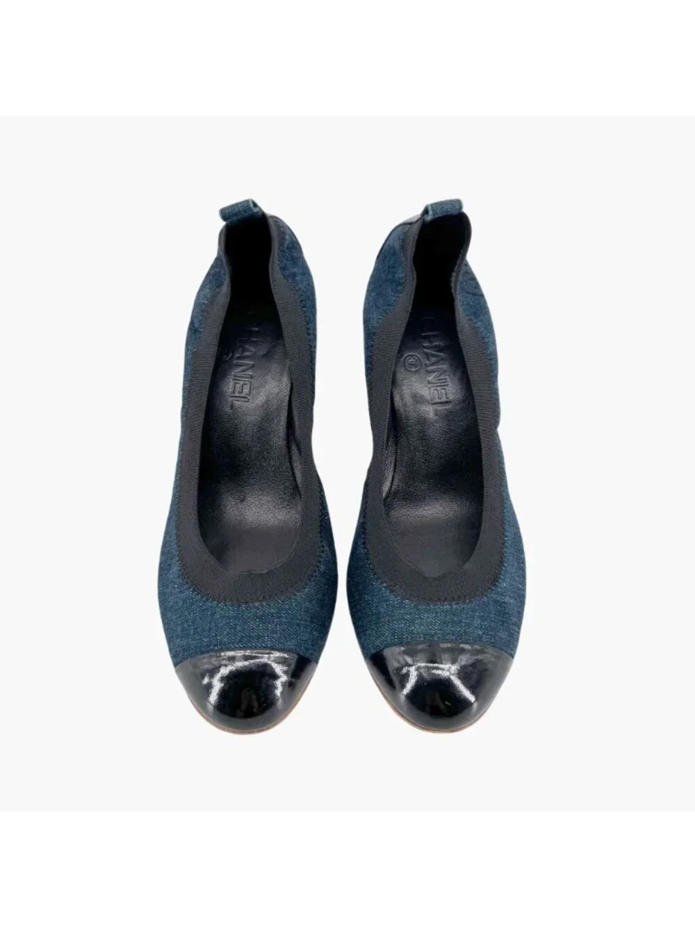 Chanel Elastic CC Logo Blue Denim Pumps High Heels Size 39 US 8-8.5 Women